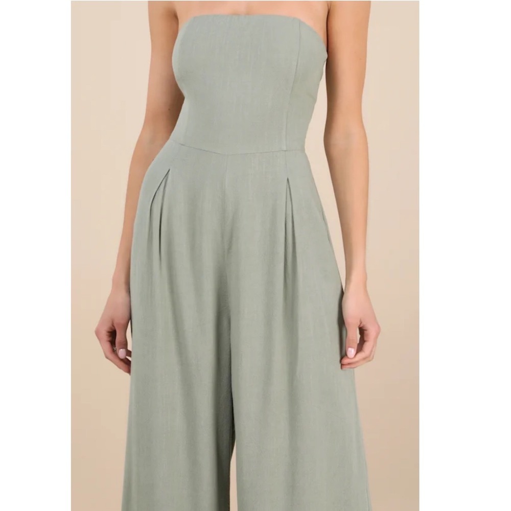 NWT Lulus Breezy Essential Sage Green Linen Wide-Leg Jumpsuit XL - Picture 4 of 6